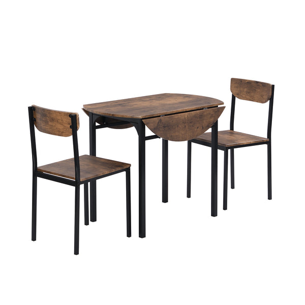 Modern 3-Piece Round Dining Table Set With Drop Leaf and 2 Chairs for Small Places,Black Frame+Rustic Brown Finish