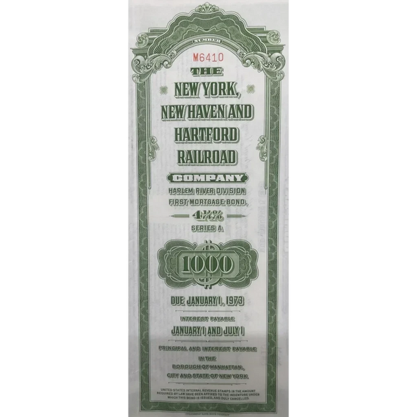 1953 New York New Haven and Hartford Railroad Gold Bond Certificate, W/Coupons