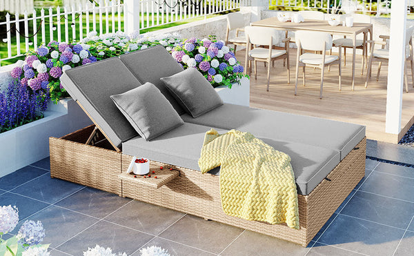 Outdoor Double Sunbed, Wicker Rattan Patio Reclining Chairs With Adjustable Backrest and Seat, Conversational Set for 2