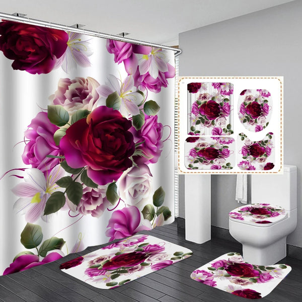 4 Pcs Shower Curtain Sets With 12 Hooks Flowers Floral With Non-Slip Rugs Toilet Lid Cover and Bath Mat Bathroom Decor Set