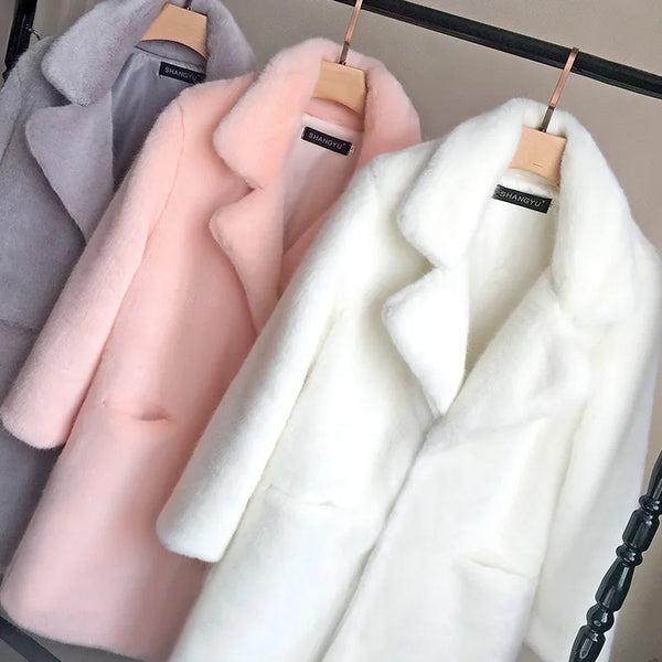 New Faux Mink Fur Coat Women 2023 Autumn Winter Thick Warm Fur Jackets Female Fashion Pink White Mink Fur Coats A2455