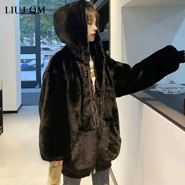 Winter Thick Warm Faux Fur Coat Oversize 2023 New Fashion Women Hooded Long Sleeve Faux Fur Jacket Luxury Winter Short Coats