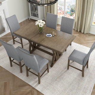 Mid-Century Solid Wood 7-Piece Dining Table Set Extendable Kitchen Table Set With Upholstered Chairs and 12" Leaf for 6,