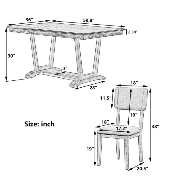 Rustic 5-Piece Dining Table Set With 4 Upholstered Chairs, 59-Inch Rectangular Dining Table With Trestle Table Base, Nau