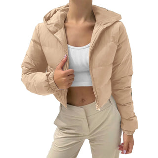 Buy khaki Bubble Puffer Winter Warm Hooded Jacket Women Fashion Cropped Coats Long Sleeve Outerwear Zipper Casual Parkas Padded Coat