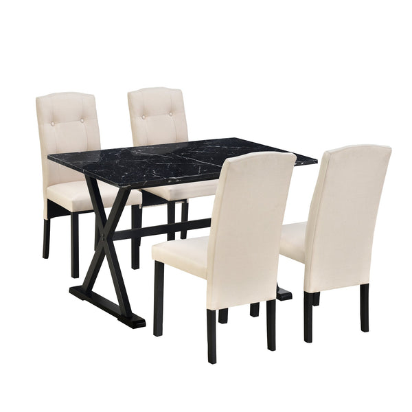 Solid Wood 5-Piece Dining Table Set With Faux Marble Tabletop and Upholstered Dining Chairs for 4, Faux Marble Black+Bei