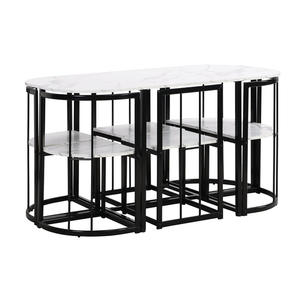 Modern 7-Piece Dining Table Set With Faux Marble Compact 55Inch Kitchen Table Set for 6, Black+White