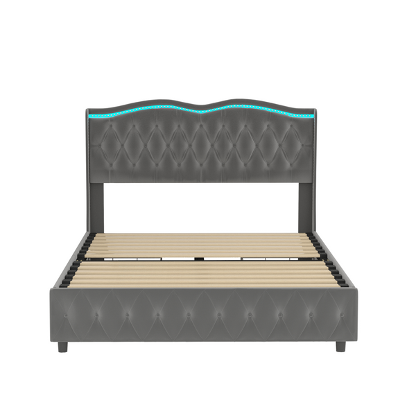 Queen Platform Bed Frame , Velvet Upholstered Bed With Deep Tufted Buttons and Nailhead Trim, Adjustable Colorful LED Li