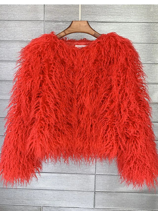 Buy red Colorful Boho Furry Faux Fur Coat Women Fur Coats Autumn Winter Pink White Shaggy Faux Fur Jacket Tops Festival Clothing