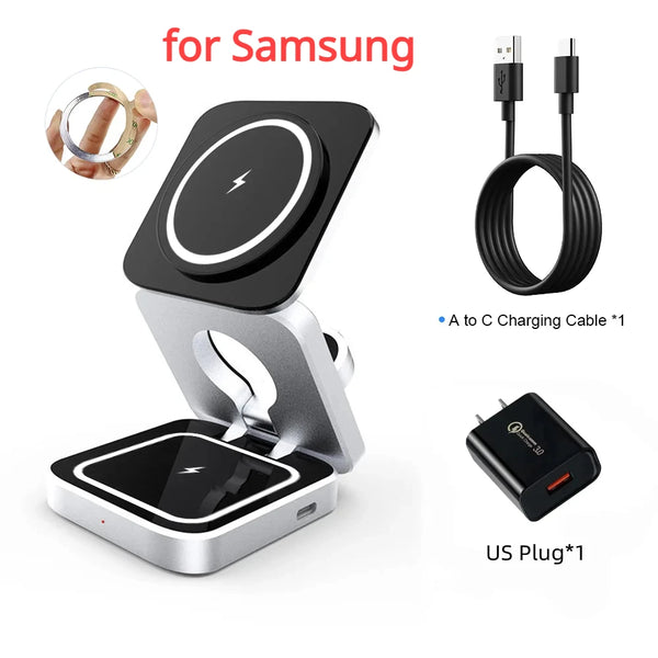 Travel 3 in 1 Magnetic Wireless Charger Foldable Stand Dock for IPhone 15, 14, AirPods,iwatch for Apple / for Samsung Galaxy S23