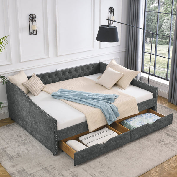 Queen Size Daybed With Drawers Upholstered Tufted Sofa Bed,,with Button on Back and Copper Nail on Waved Shape Arms, Gre