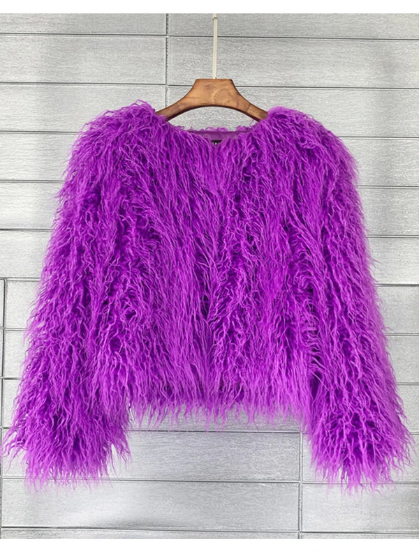 Colorful Boho Furry Faux Fur Coat Women Fur Coats Autumn Winter Pink White Shaggy Faux Fur Jacket Tops Festival Clothing