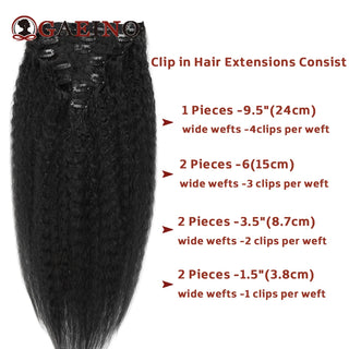 Kinky Straight Clips in Human Hair Extensions Natural Color in 100% Remy Human Hair 7Pcs/Set Full Head for Women 8-28Inch ﻿