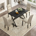 Solid Wood 5-Piece Dining Table Set With Faux Marble Tabletop and Upholstered Dining Chairs for 4, Faux Marble Black+Bei