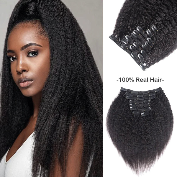 Afro Kinky Straight Clip in Hair Extensions 100% Human Hair Natural Black 8 Pieces With 18 Clips 125g/Set Fit for Full Head