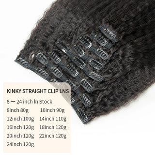 Kinky Straight Clip in Hair Extension Human Hair Yaki Straight Remy Hair Extensions Full Head 8-24 Inch Clip on Hair 1B Color