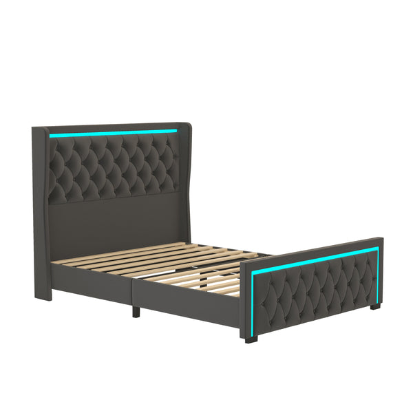 Queen Platform Bed Frame With High Headboard, Velvet Upholstered Bed With Deep Tufted Buttons, Adjustable Colorful LED L