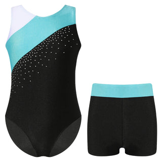 Buy blue-green Kids Girls Shiny Rhinestone Gymnatics Leotards Ballet Dance Leotards Bodysuit With Shorts Set Ballet Jersey Unitard Dancewear