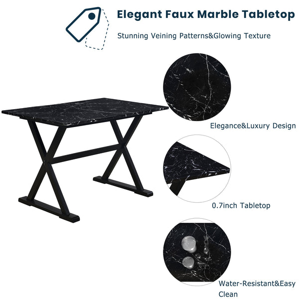 Solid Wood 5-Piece Dining Table Set With Faux Marble Tabletop and Upholstered Dining Chairs for 4, Faux Marble Black+Bei