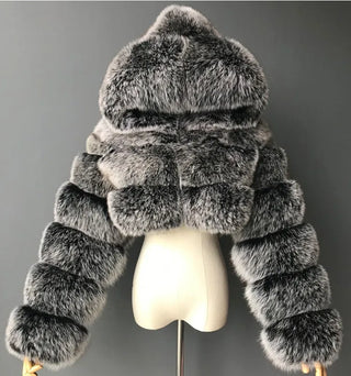 Buy gray Furry Cropped Faux Fur Coats  Jackets Women Fluffy Top Coat Hooded Winter Fur Jacket YINGJIAMEI