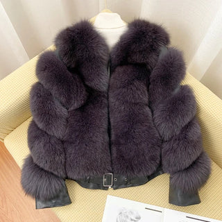 Buy iron-grey BFFUR Winter Fashion Real Fox Fur Coats for Women Locomotive Style Genuine Sheep Leather Jacket Natural Fox Fur Coat Female 2022