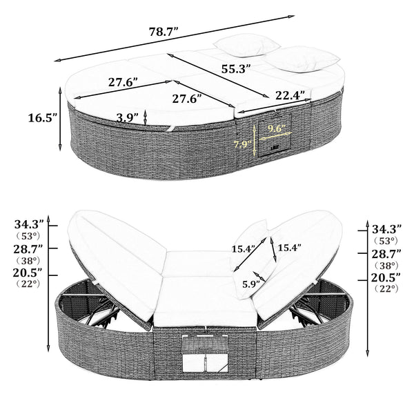 Outdoor Sun Bed Patio 2-Person Daybed With Cushions and Pillows, Rattan Garden Reclining Chaise Lounge With Adjustable B