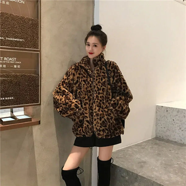 Winter Leopard Print Jacket Women's Stand Collar Warm Parkas Outwear 2024 New Autumn Winter Korean Female Loose Faux Fur Coats