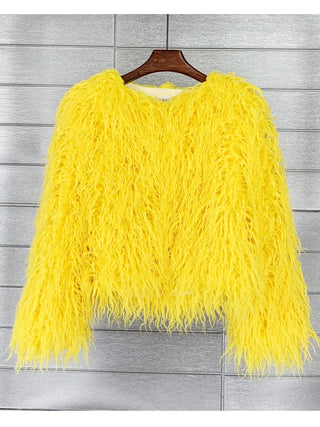 Buy yellow Colorful Boho Furry Faux Fur Coat Women Fur Coats Autumn Winter Pink White Shaggy Faux Fur Jacket Tops Festival Clothing