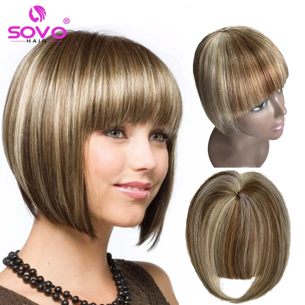 Human Hair Bangs Clip in Blunt Cut Fringe OverHead Wispy Air Bang Black Brown Blonde 2 Clips Hair Topper Extensions 8.5x7.5cm