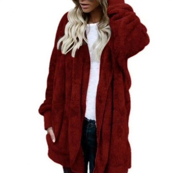 80% HOT SALES！！！Winter Women's Cardigan Coat Plus Size Solid Faux Fur Hooded Coat Long Sleeve Autumn Winter Warm Coat