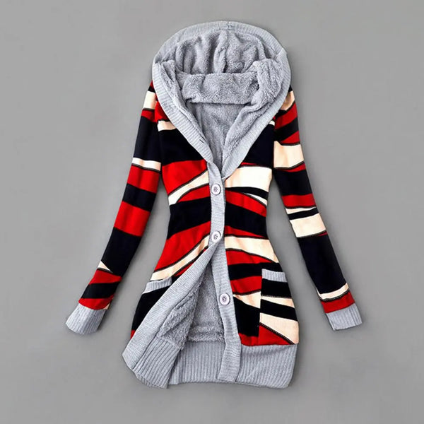 Women's Sweater Coat Striped Print Long Sleeve Autumn Winter  Hoodie Buttons Closure Plush Lining Sweater Cardigan Outerwear