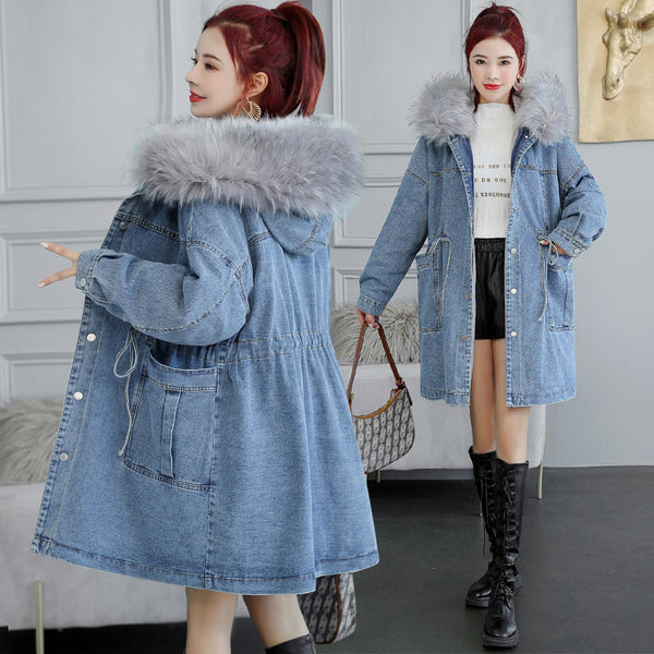 Factory Selling Women Winter Coats Belt Trench Coat Denim With Wool Collar Winter Jackets for Ladies Casual Coat Fur Parka Women