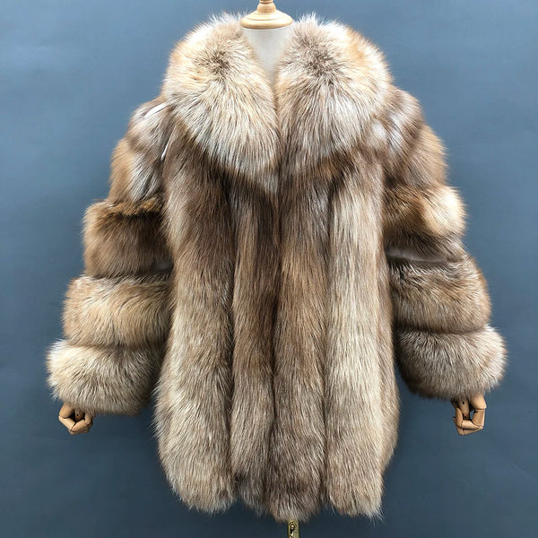 Fur Coats Women Long Luxury Real Red Fox Fur Jacket Turn Down Collar Furry Thick Warm Coat Winter