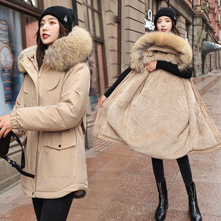 Buy khaki 2021 New Cotton Thicken Warm Winter Jacket Coat Women Casual Parka Winter Clothes Fur Lining Hooded Parka Mujer Coats