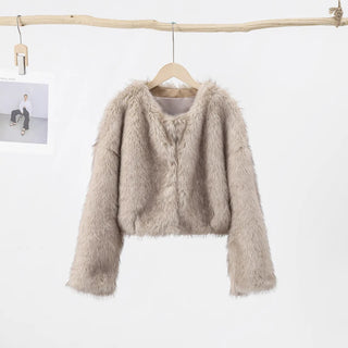 Buy photo-color Lapel Faux Fur Jacket Coat Women Loose Long Sleeve Fluffy Warm Coats Female 2023 Winter Luxury Fashion Lady Overcoat Streetwear