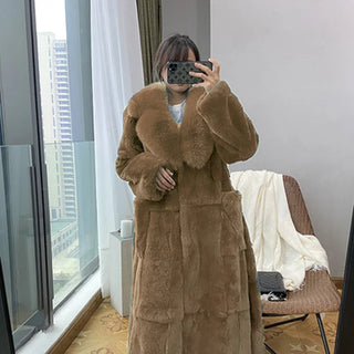 Buy khaki 2023 Plus Size 5xl Winter Coat Women Fashion Belt X Long v Neck Thick Warm Faux Fox Fur Winter Coats for Women  B051