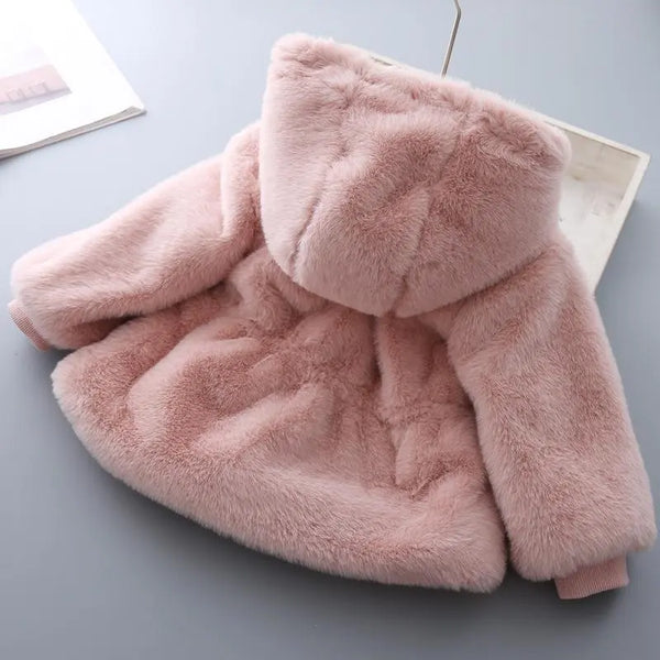 2021 Girls Kids Winter Coat Fake Fur Soft Velvet Thickening Warm Hooded Coats Cute Baby Belt Overcoats Children Clothing 0-8t