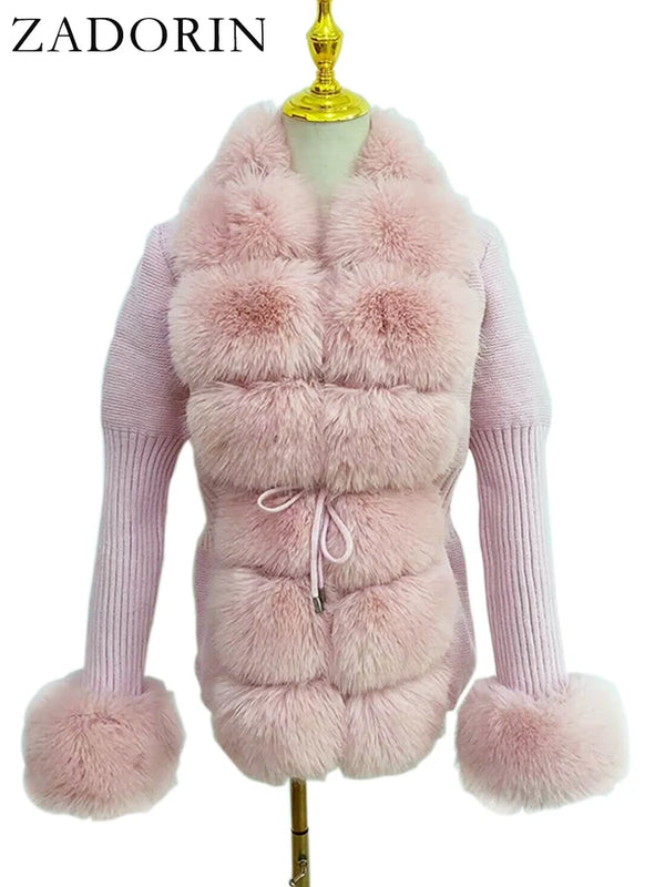 ZADORIN Fall Winter Women Faux Fur Coat Luxury Knitted Sweater Fur Cardigan Detachable Collar White Pink Jacket Faux Fur Coats