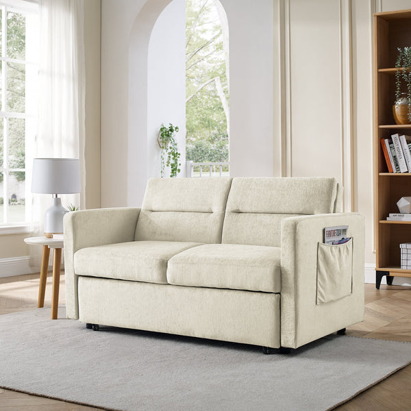 Loveseats Sofa Bed With Pull-Out Bed,Adjsutable Back and Two Arm Pocket,Beige (54.5"x33"x31.5")