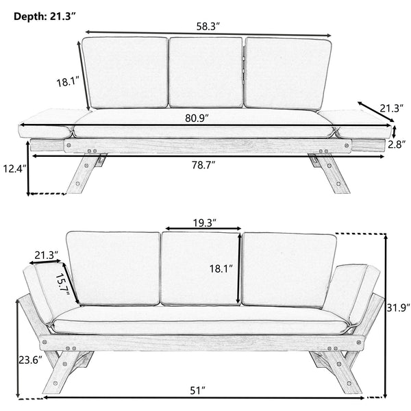 Outdoor Adjustable Patio Wooden Daybed Sofa Chaise Lounge With Cushions for Small Places, Brown Finish+Beige Cushion