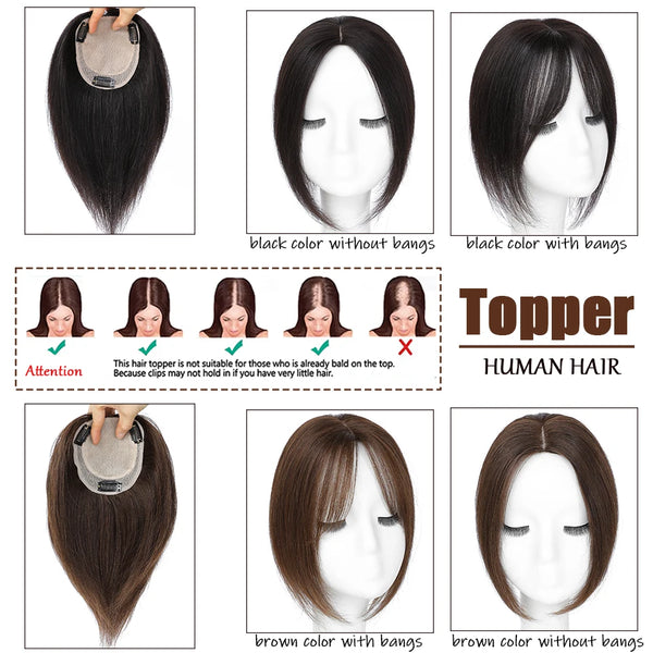 Dazzeal Toppers Hair Pieces for Women Straight Silk Base Human Hair Topper With Bangs Clip Hair Extensions Women's Hair Toppers