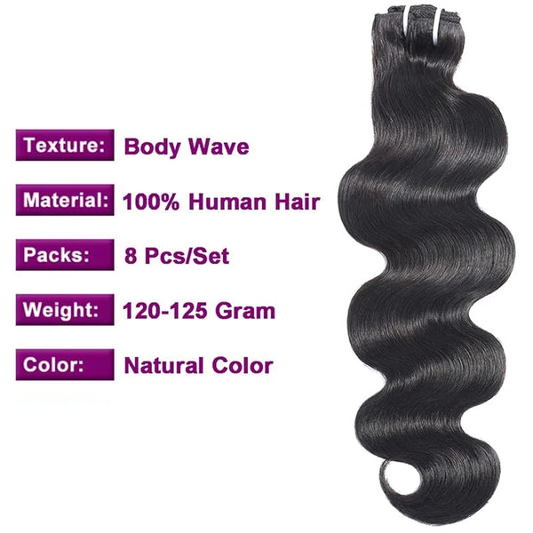 Brazilian Body Wave Clip in Human Hair Extensions 8 Pcs/Set Natural Color Clip Ins Remy Hair 10-26 Inches 120Gram Soft Feel Hair