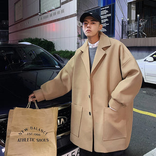 Buy khaki LAPPSTER Men Korean Fashions Wool Trench Coat 2023 Overcoat Mens Japanese Streetwear Winter Coat Harajuku Khaki Jackets Coats