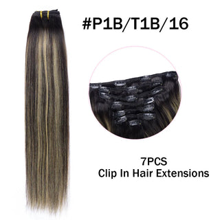 Buy dl-p1b-t1b-16 Hair Extensions Clip in Human Hair 7PCS Balayage Natural Black to Golden Blonde Clip in Hair Extension Real Human Hair Extension