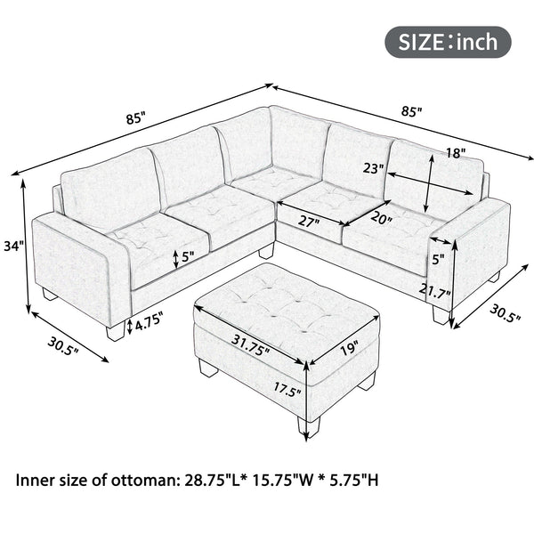 Sectional Corner Sofa L-Shape Couch Space Saving With Storage Ottoman & Cup Holders Design for Large Space Dorm Apartmen