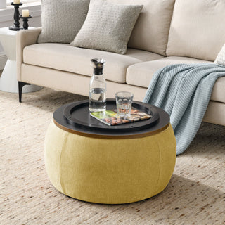 Round Storage Ottoman, 2 in 1 Function, Work as End Table and Ottoman,  Yellow  (25.5"x25.5"x14.5")