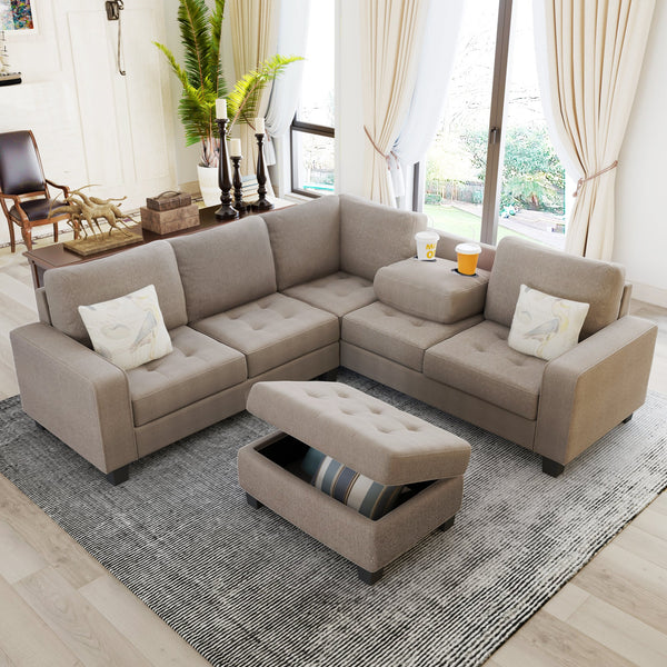 Sectional Corner Sofa L-Shape Couch Space Saving With Storage Ottoman & Cup Holders Design for Large Space Dorm Apartmen