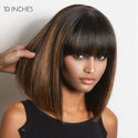 Rosabeauty Put on and Go Realistic Yaki Straight Short Bob With Bangs Minimalist 100% Human Hair Brown Highlight Lace Wig