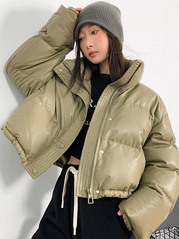 PU Leather Jackets Women Autumn Winter Thicken Warm Cropped Down Coats Korean Fashion Casual Loose Stand Collar Puffy Outerwear