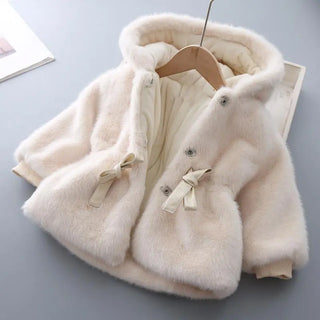 Buy beige 2021 Girls Kids Winter Coat Fake Fur Soft Velvet Thickening Warm Hooded Coats Cute Baby Belt Overcoats Children Clothing 0-8t